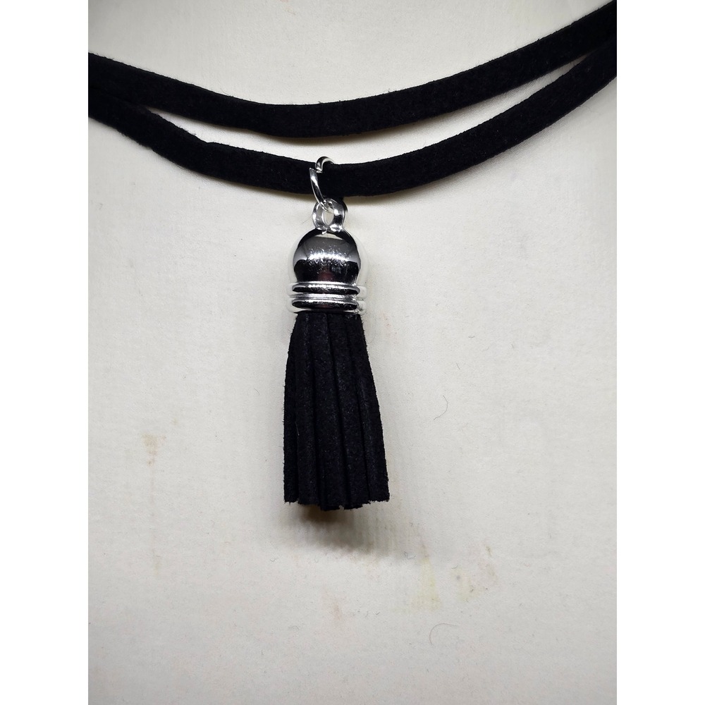 Black Faux Suede Tassel Choker Necklace Double Strand Silver Tone Wrap 90s Style - Picture 2 of 2